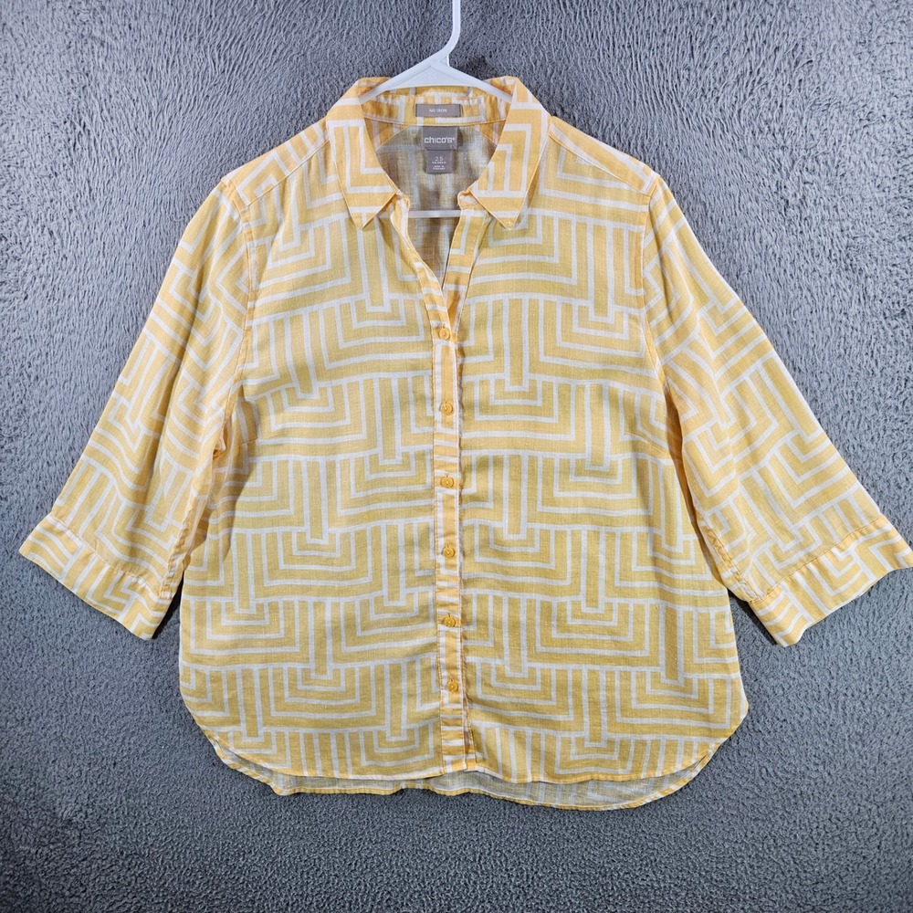 Chicos No Iron Linen‎ Shirt Womens 2.5 L 14 Yellow White Geometric Button Down